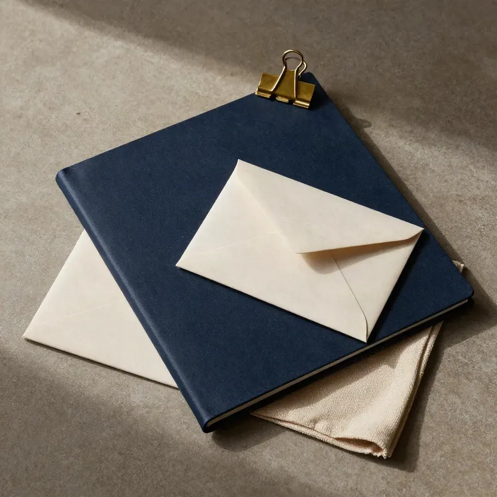 Bovenaanzicht van een donkerblauw dossier, envelop, brass clip en gevouwen doek op beton.