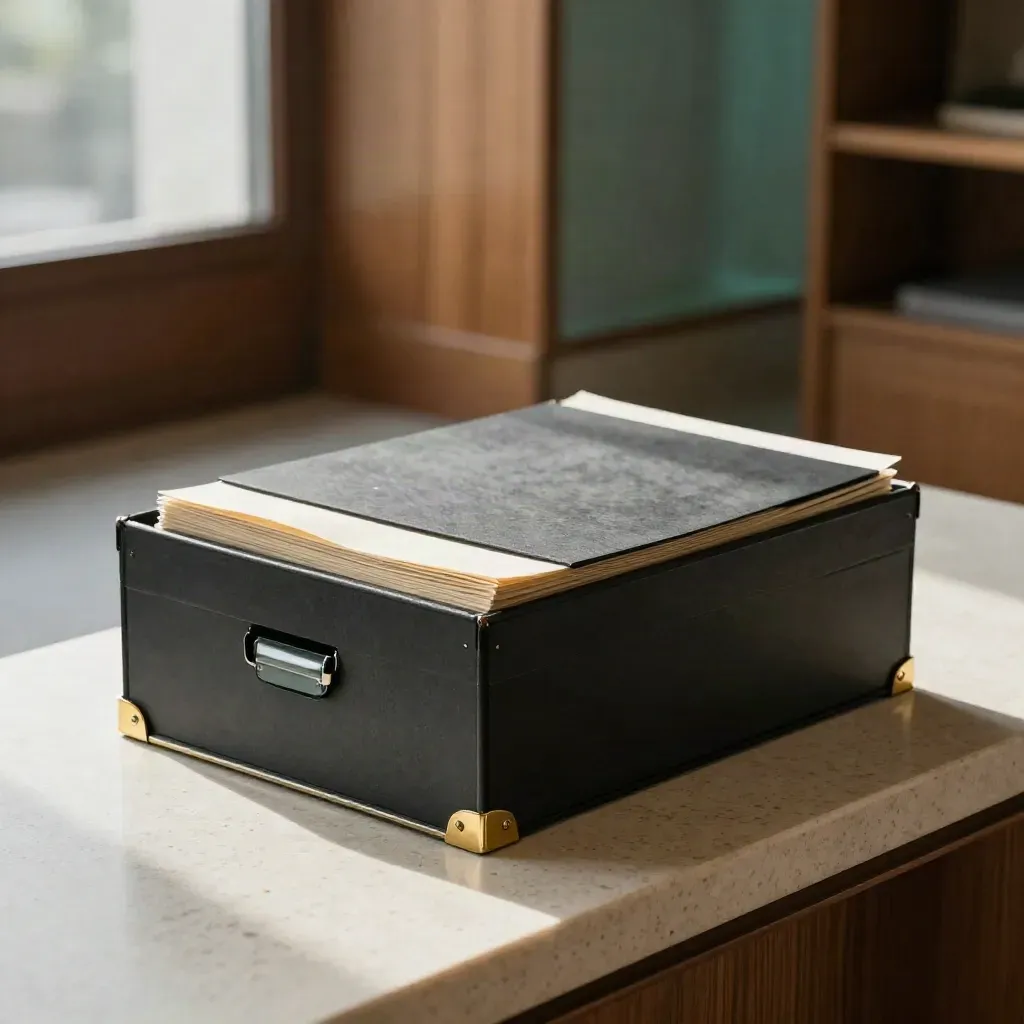 Charcoal dossierbox met crèmekleurige inserts op travertin in een rustige moderne lounge.
