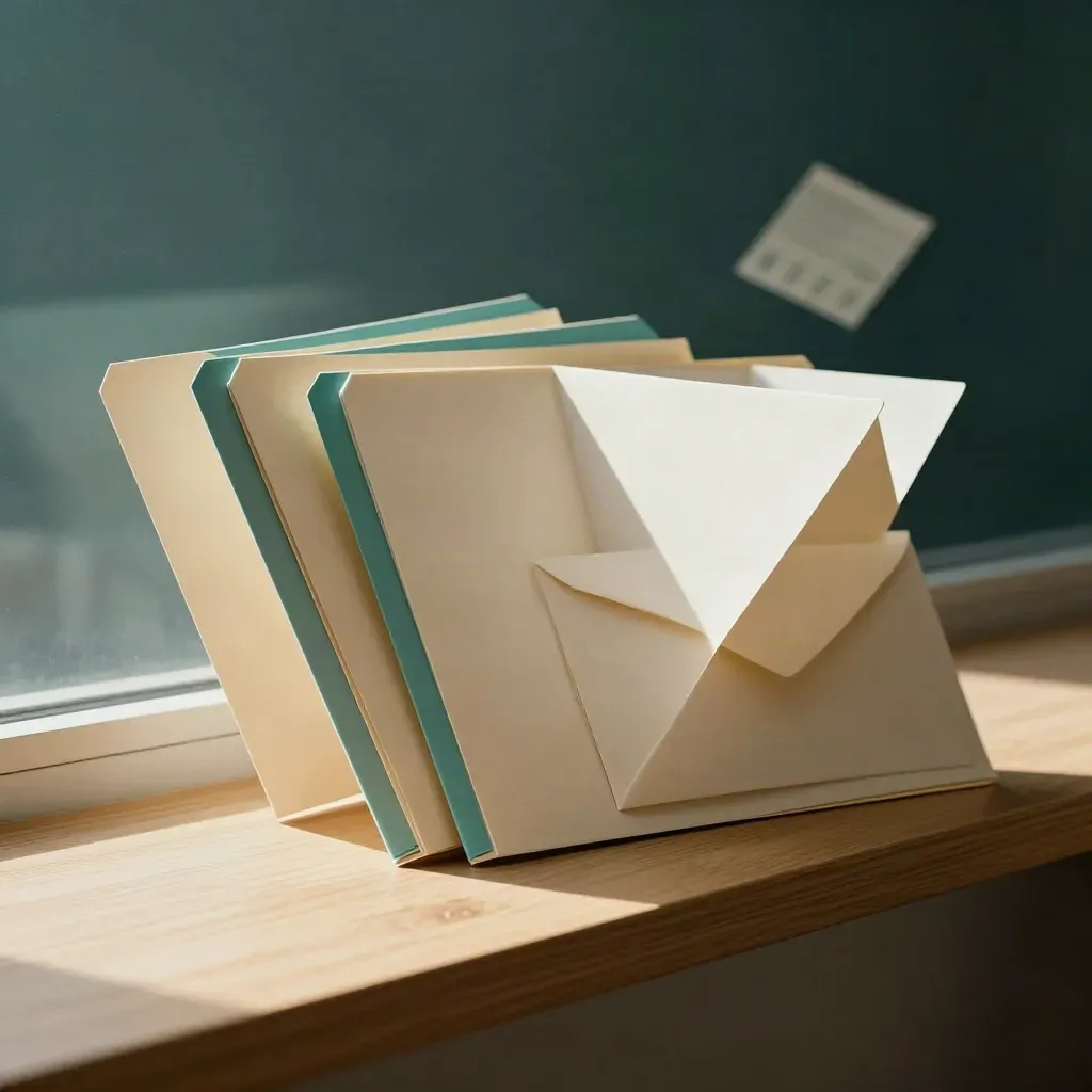 Drie dossiermappen en een verzegelde envelop op een lichte houten richel in zacht teal licht.