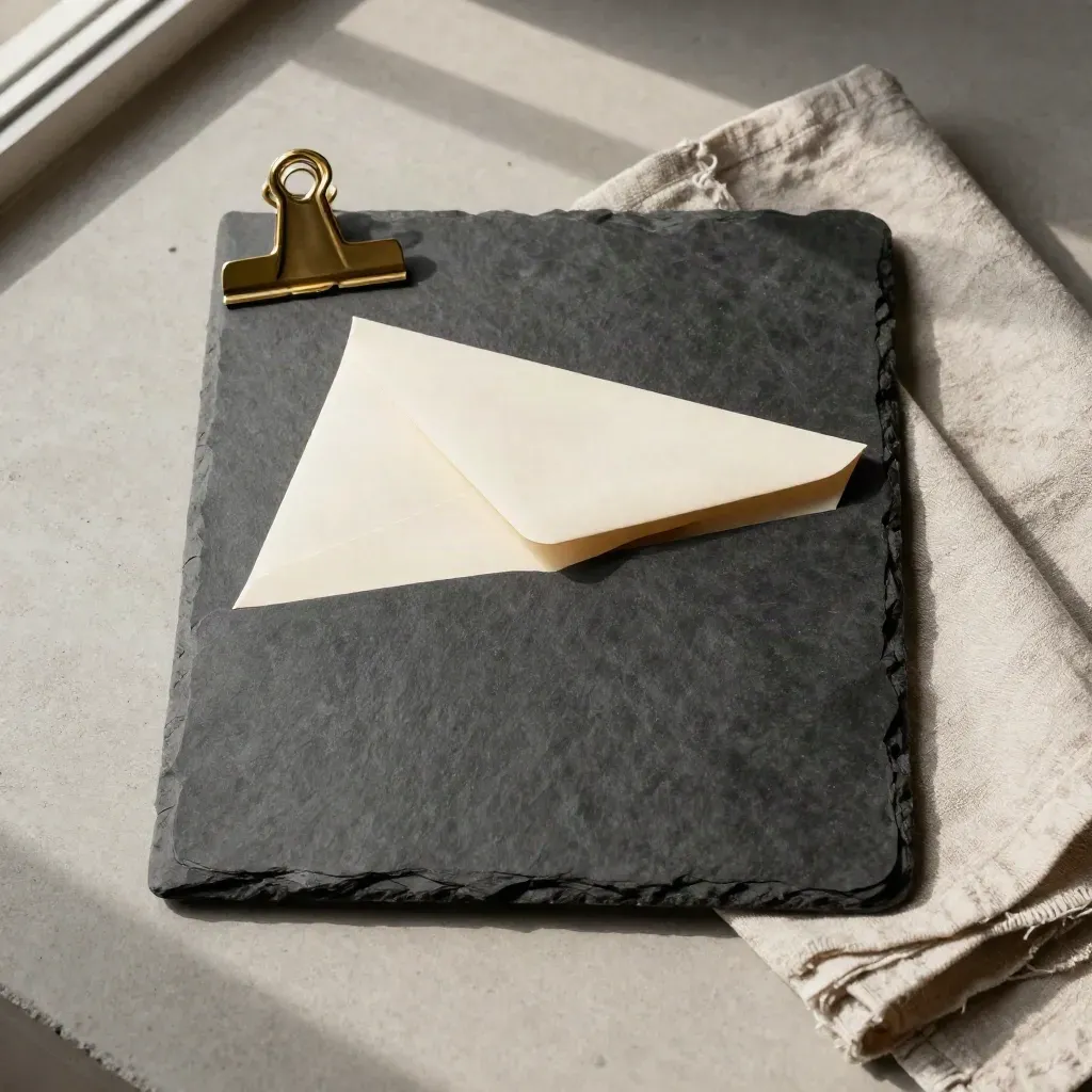 Flatlay van map, envelop, brass clip en gevouwen linnen doek op beton.