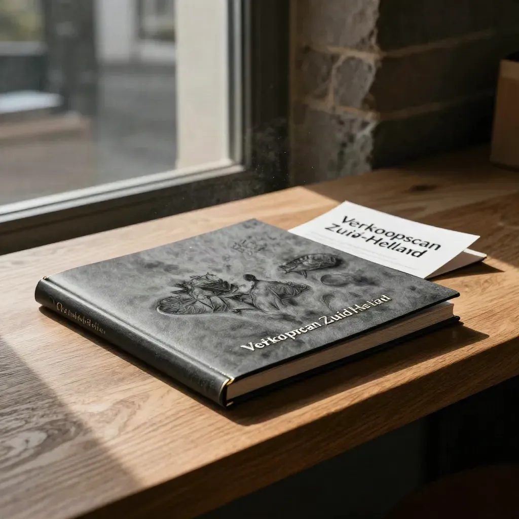 Charcoal portfolio set op warme eiken richel met zachte lichtstraal en zwevende stof.