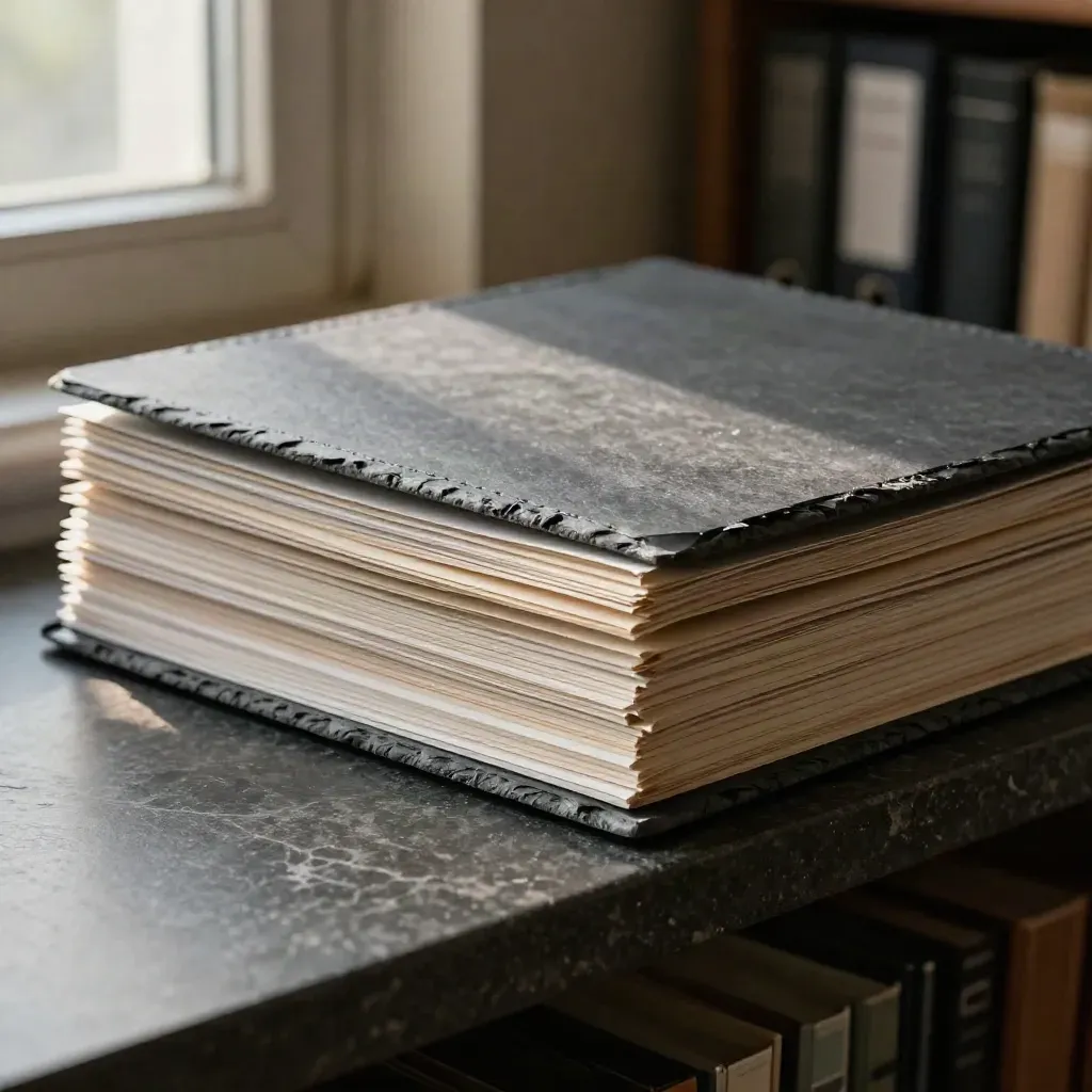 Slanke slate map met dividers en indexband in zacht licht op een donkere steenrand.