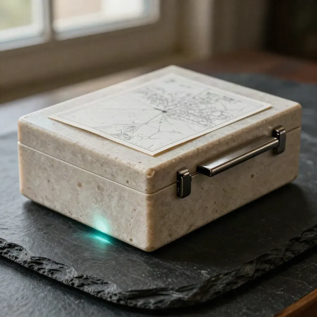 Travertine dossiercase met map-insert en stalen clip op donker leisteen, dramatisch uitgelicht.