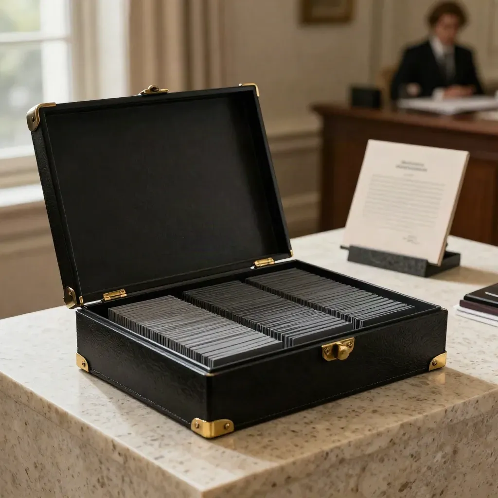 Open zwart rapportdoos met papieren en messing hoeken op travertin, luxe zakelijke sfeer.