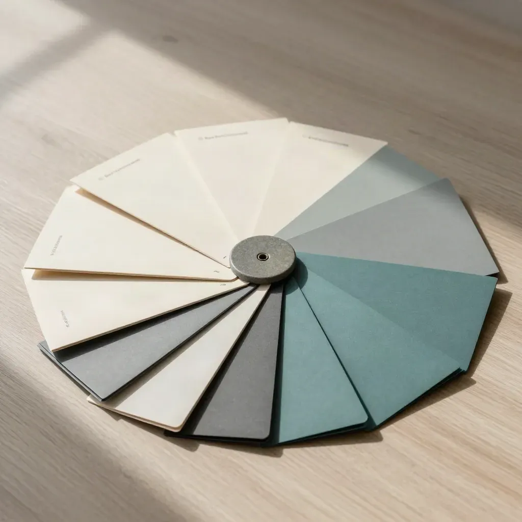 Bovenaanzicht van vier mappen, een zegelschijf en steen op licht hout met teal accent.