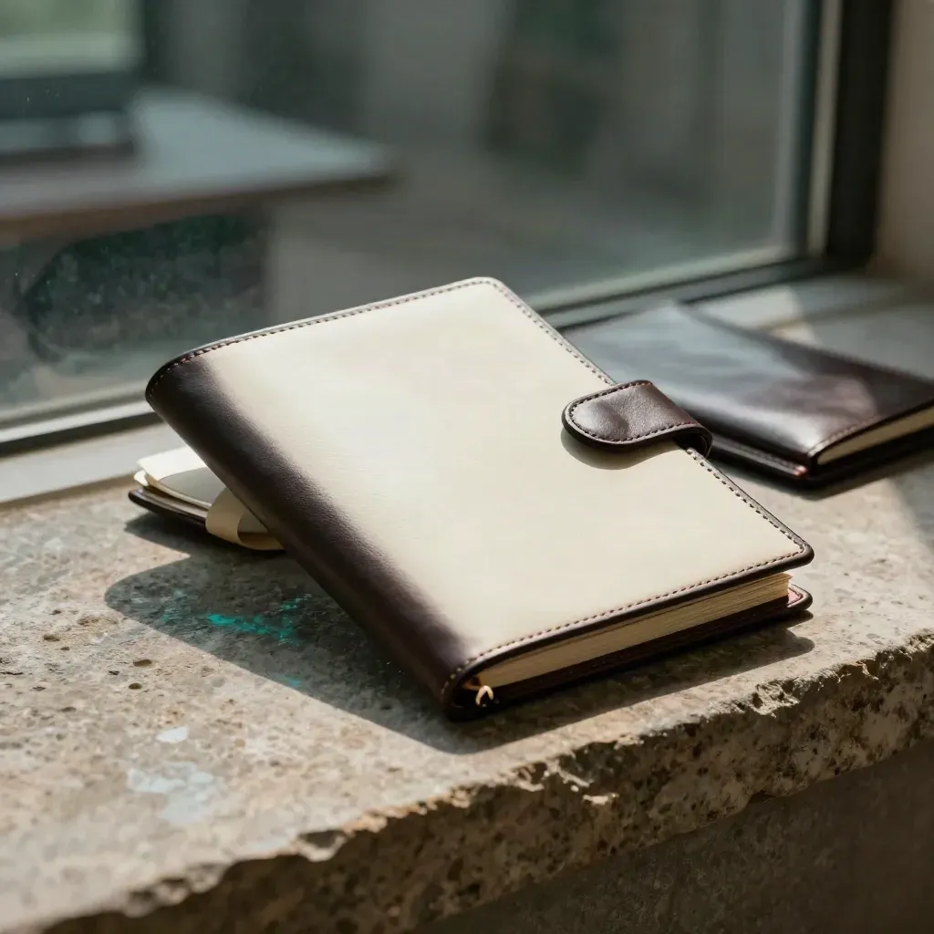 Donkere leren portfolio op stenen richel met crèmekleurig lint in zakelijke setting