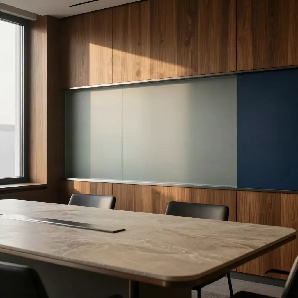 Stijlvolle boardroomhoek met walnotenwand, mat glas en zachte ochtendzon.