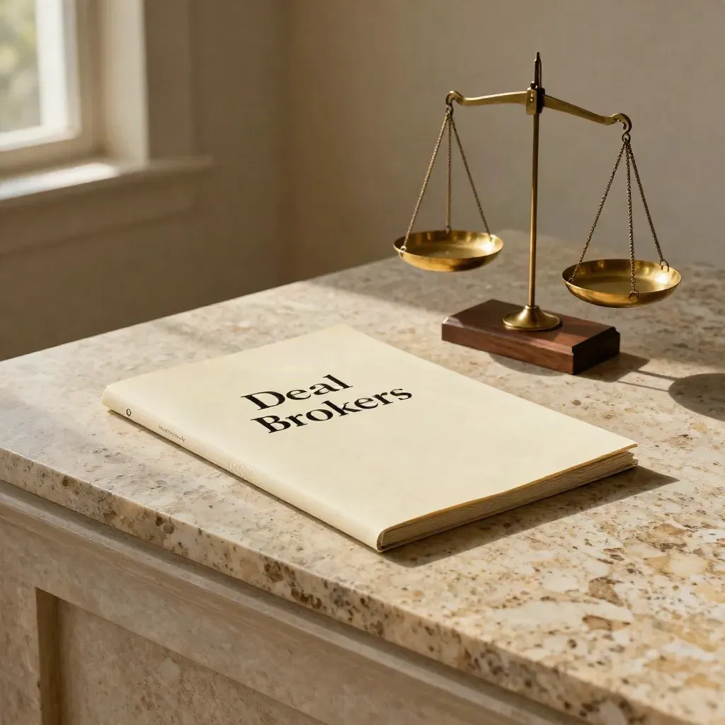 Travertin, brons en een gesloten dossier in warm licht met rustige copyruimte.